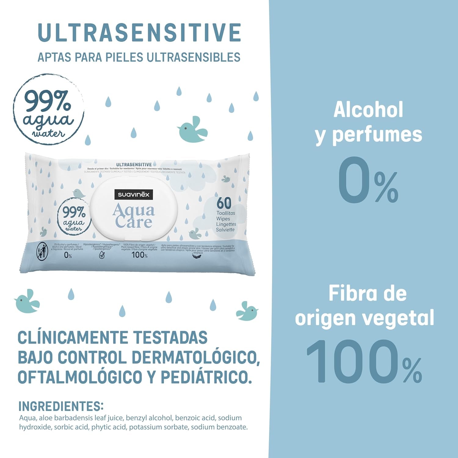 Suavinex Aqua Care Toallitas húmedas para bebés 60 toallitas limpiadoras 99% agua, fibra vegetal, aloe vera, sin fragancia, sin alcohol, dermatológicamente probado, adecuado para pieles sensibles