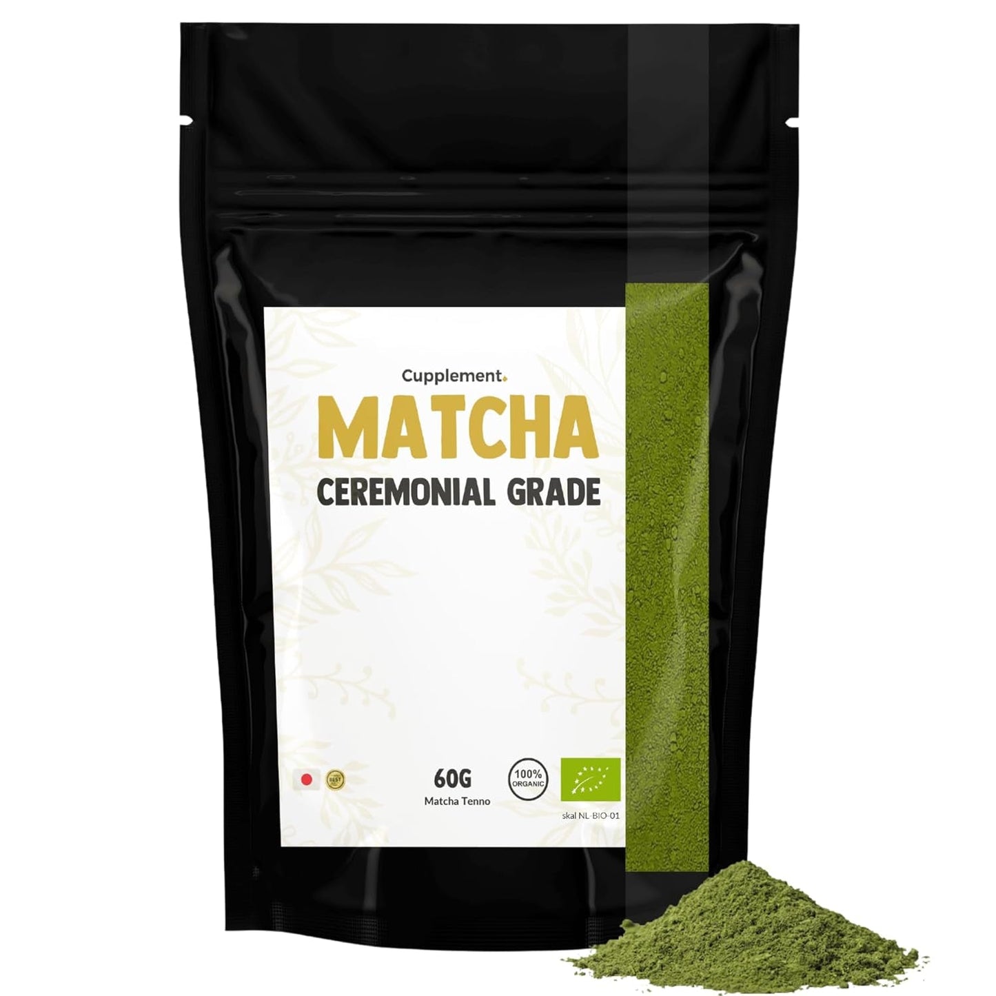 Cupplement Matcha 90 gramos orgánico - Té verde en polvo de la más alta calidad - Sin batidor ni alambre de bambú - Culunario - Set para principiantes - Latte - Batidor - Japón - Polvo - Té - Alambre - Bolsa - Batido