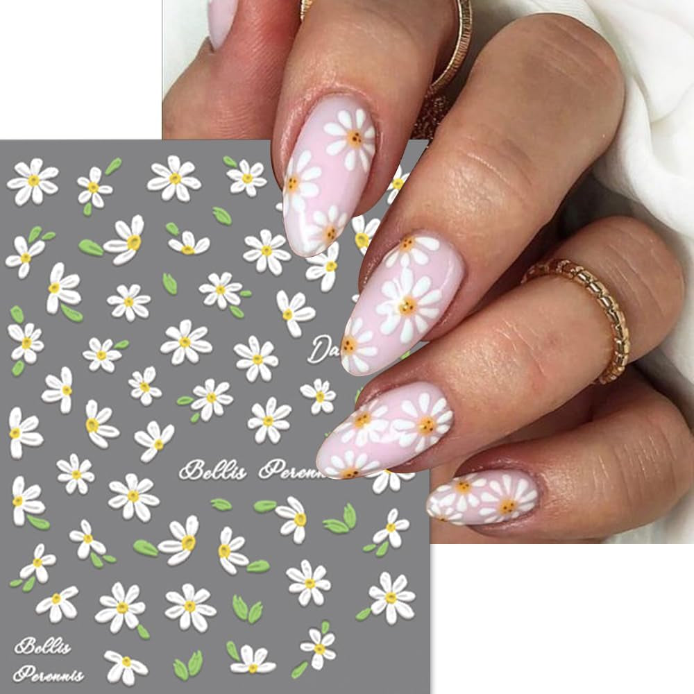 5D en relieve margaritas blancas pegatinas de uñas flores pegatinas de uñas flores pegatinas autoadhesivas pegatinas de arte de uñas margaritas accesorios de decoración de uñas pegatinas de diseño de flores arte de uñas