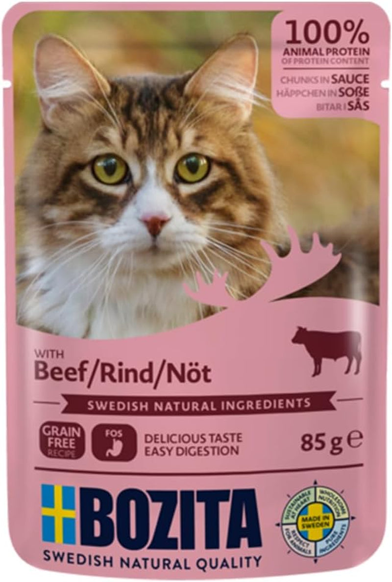 Bozita Bolsa Comida húmeda en trozos en salsa de ternera - 12 sobres x 85g Comida húmeda para gatos sin cereales ni trigo - Comida húmeda para gatos adultos con 8,5% de proteínas y 4,5% de grasas