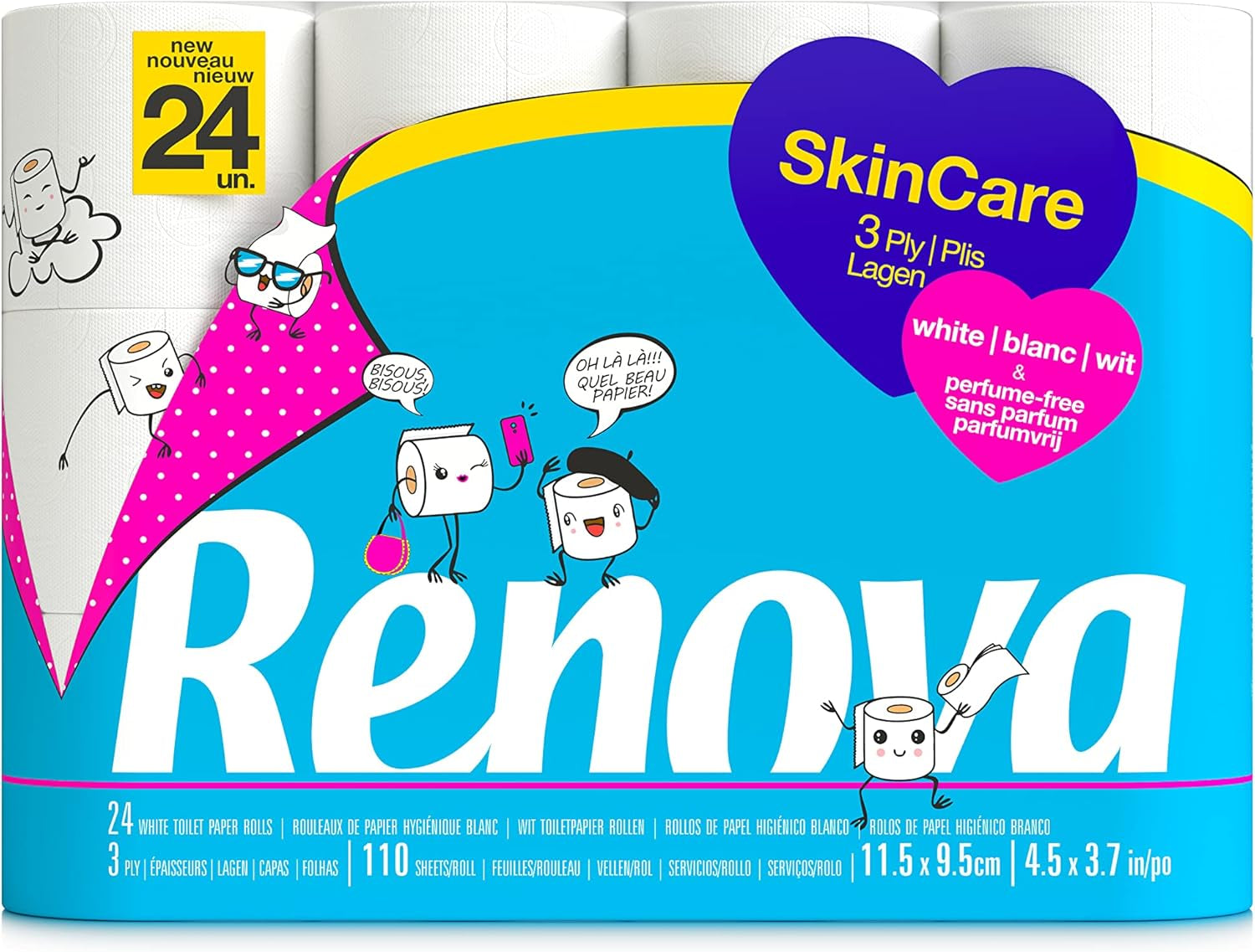 Papel higiénico Renova Skincare, 3 capas, blanco, 24 rollos