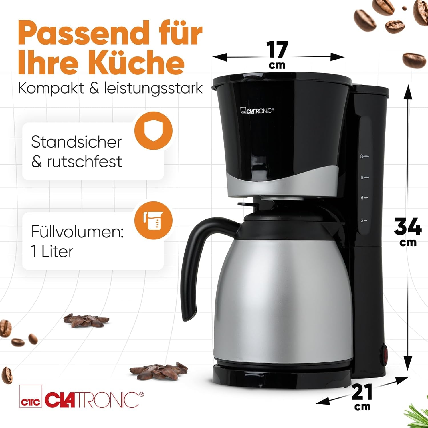 Cafetera Clatronic® con termo | para 8-10 tazas de café | sin pérdida de temperatura | cafetera con filtro | 1 litro | Café expreso | Cafetera de filtro con termo | KA 3327 negro