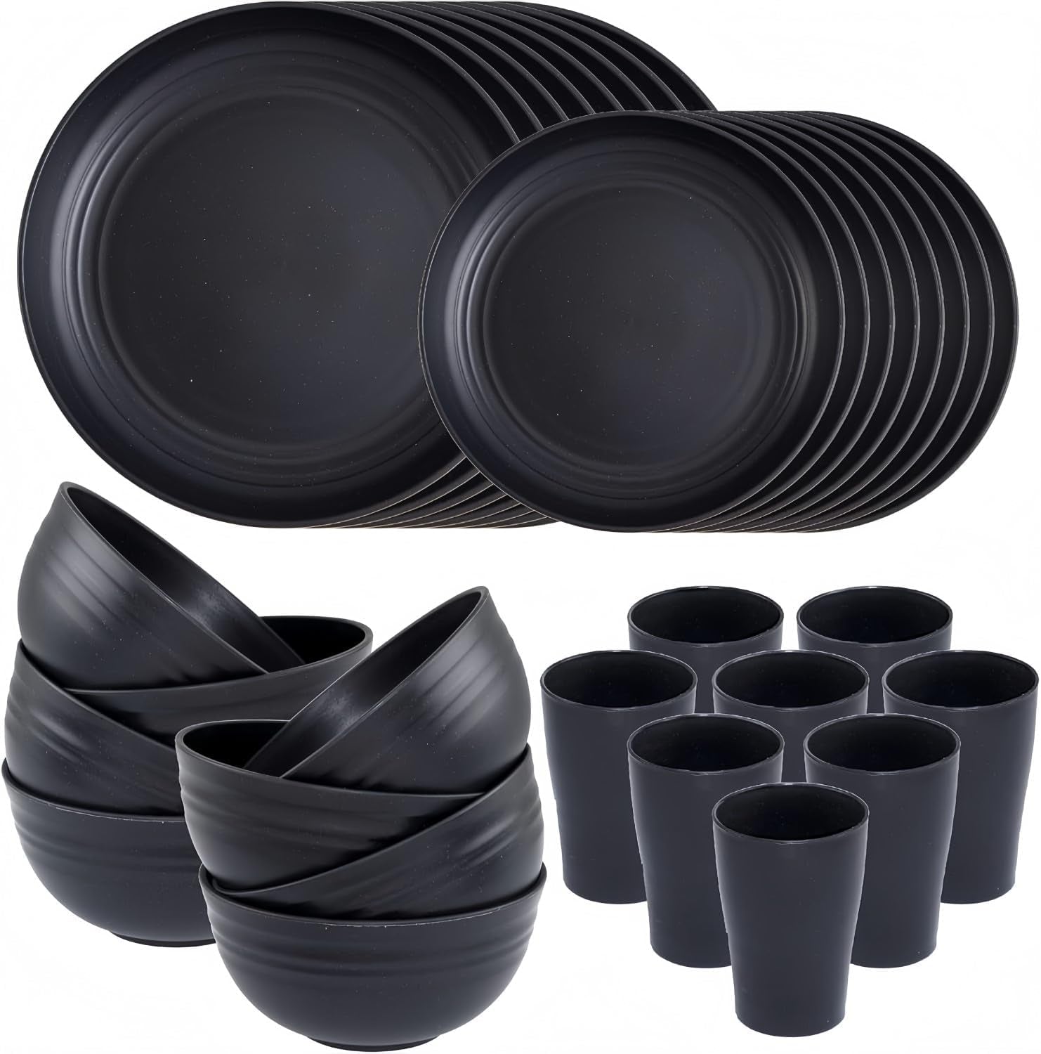 Vajilla para acampar Juego de vajilla de plástico reutilizable, liviano, para 8 personas, 32 piezas, incluye tazones, platos, tazas, vajilla de picnic irrompible de plástico ecológico