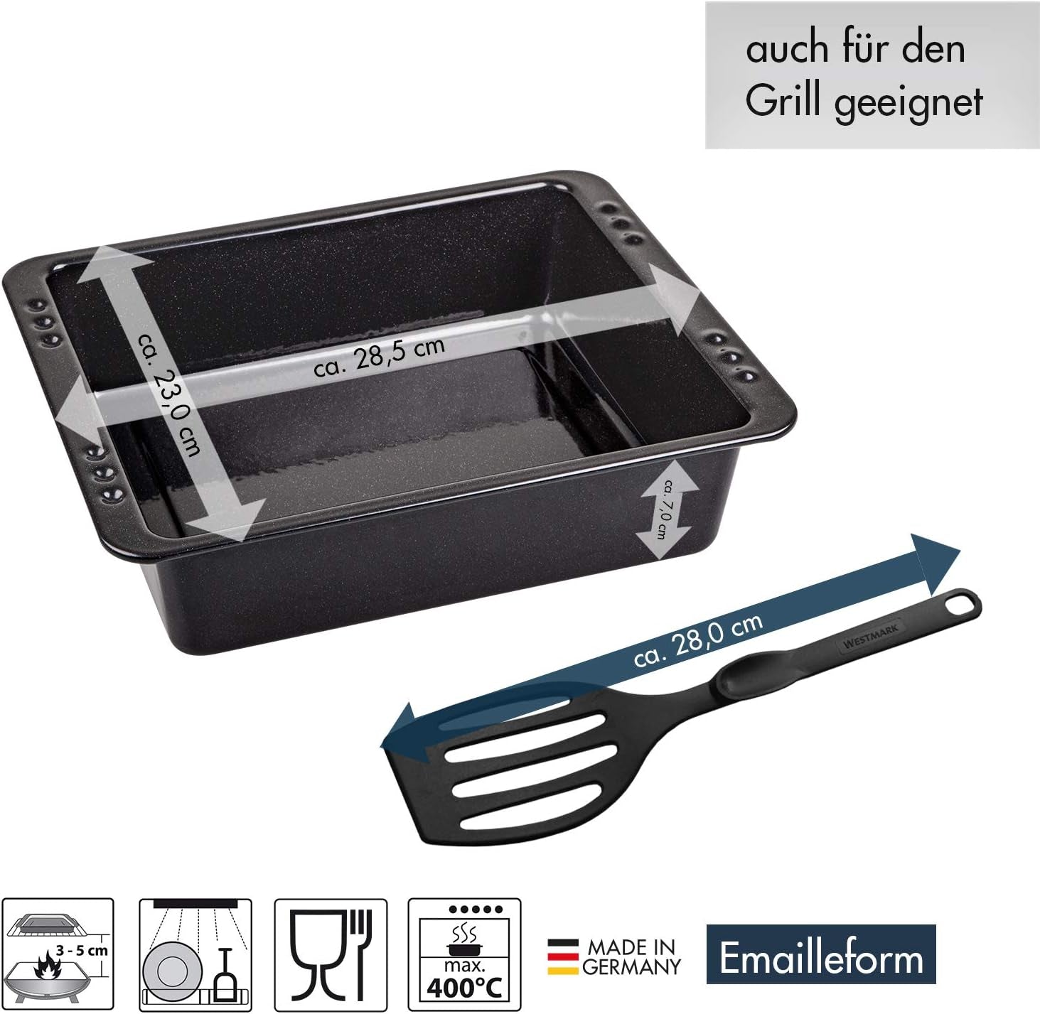Chg SET 341-46-60 Extra Tiefe Ofenform (7.0 Cm) "Emaille" Mit Profi-Pfannenwender", Schwarz Gesprenkelt Moldes y bandejas para repostería Naty Shop