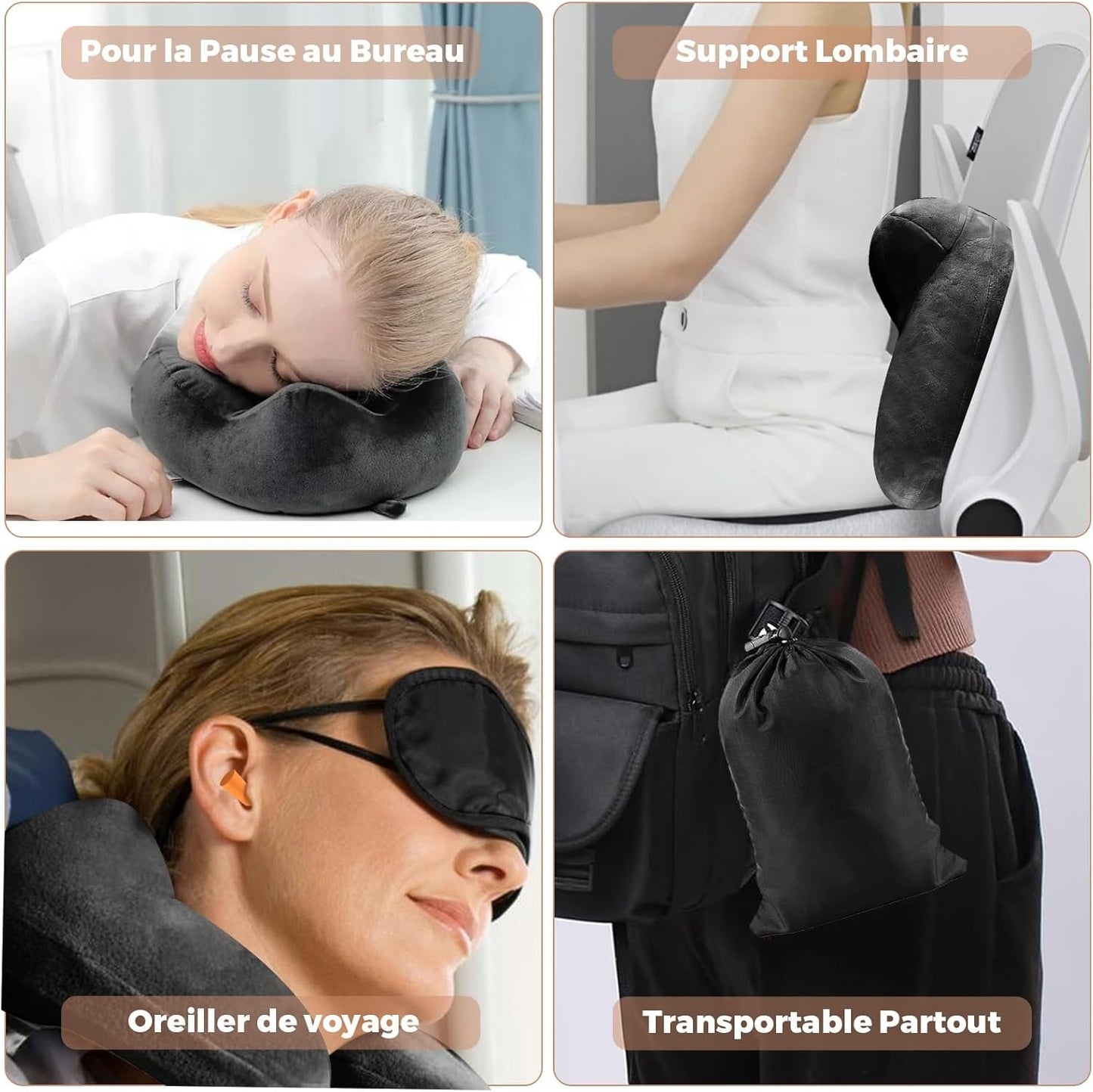Almohada de Viaje Inflable, Almohada de Viaje con Antifaz para Dormir + Tapones para los Oídos + Bolsa de Transporte, Súper Ligera y Portátil, Ideal para Avión, Coche, Hogar, Oficina, Negro Naty Shop Almohadas de Viaje
