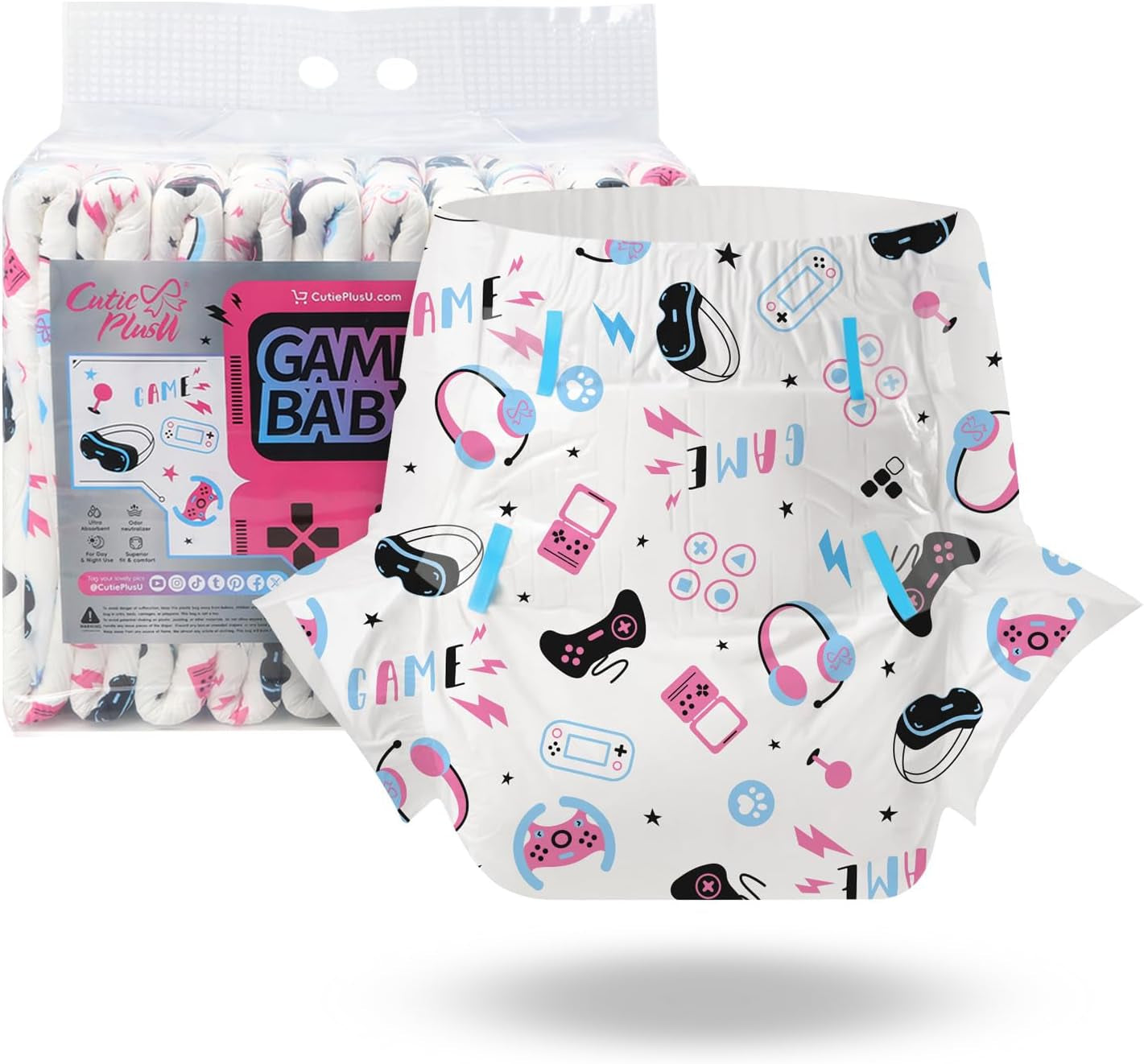 CutiePlusU Pañales para adultos, paquete de 10, pañales desechables para mujeres y hombres, máxima absorbencia durante la noche - I Love Summer (tamaño mediano 71-96 cm)