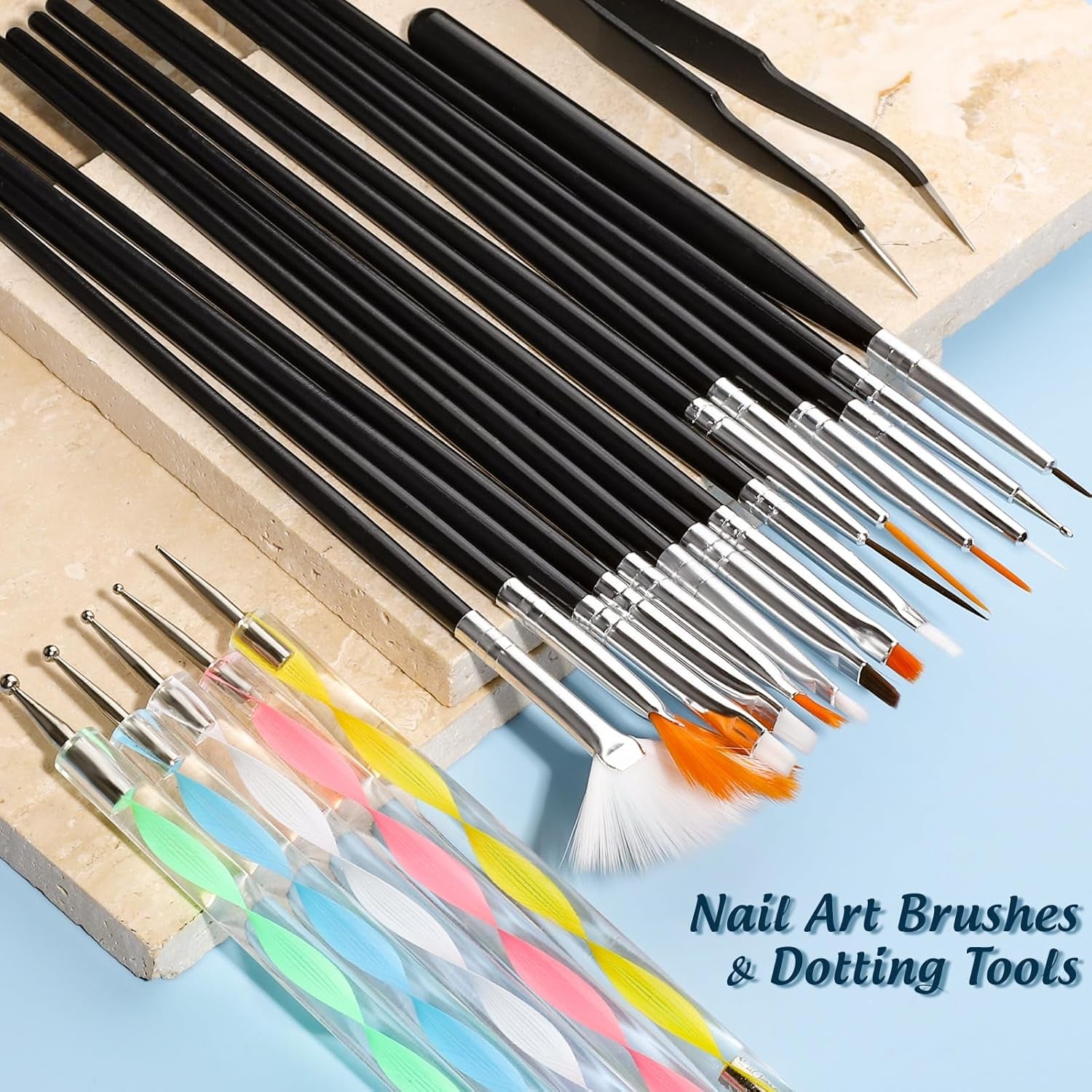 FANDAMEI Pinsel Für Gelnägel, 15 Pcs Nagel Pinsel, 5 Blätter Nagelsticker, Strasssteine ​​​​Nägel, Nageldesign Set, Nageldesign Zubehör, Nail Art Pinsel Set, Nailart Pinsel Und Dekorationen Set