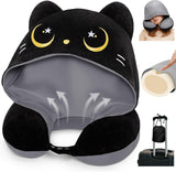 Mewaii Almohada de viaje, almohada de doble cara para adultos, almohada de cuello de espuma viscoelástica para avión, almohada de vuelo reversible con capucha para gato, correa ajustable