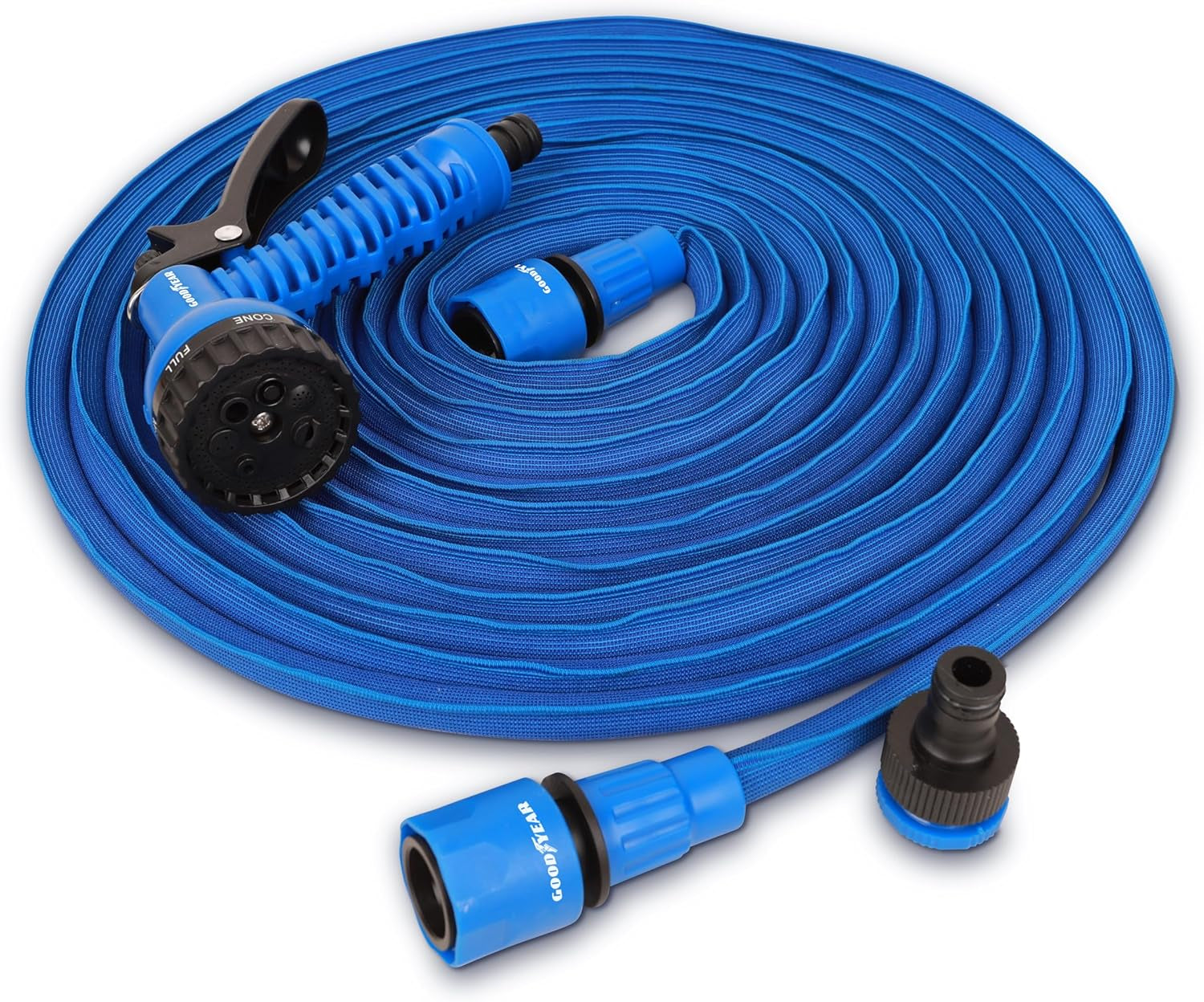 Goodyear - Manguera de jardín de látex y textil de alta densidad de 3 capas, flexible, sin torsión y ligera, 30 m, enchufes rápidos de ½" y ¾" + pistola pulverizadora de 7 funciones