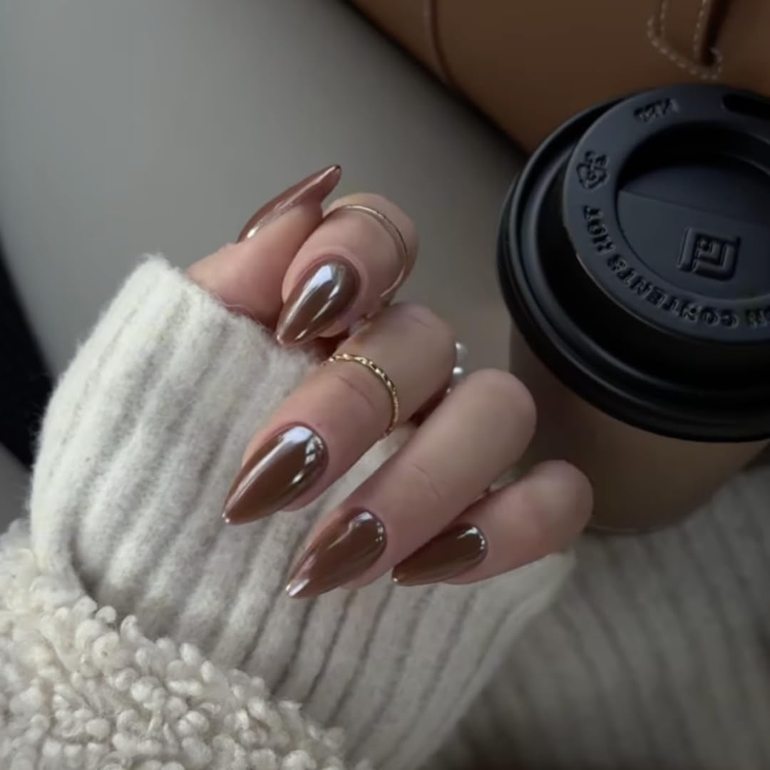 Uñas Cromadas Autoadhesivas - Pegamento Con Brillo Marrón Almendra Mediano En Las Uñas Uñas Postizas Con Brillo Pegamento En Uñas Artificiales Uñas Acrílicas Esmaltadas Para Mujeres 24 Piezas