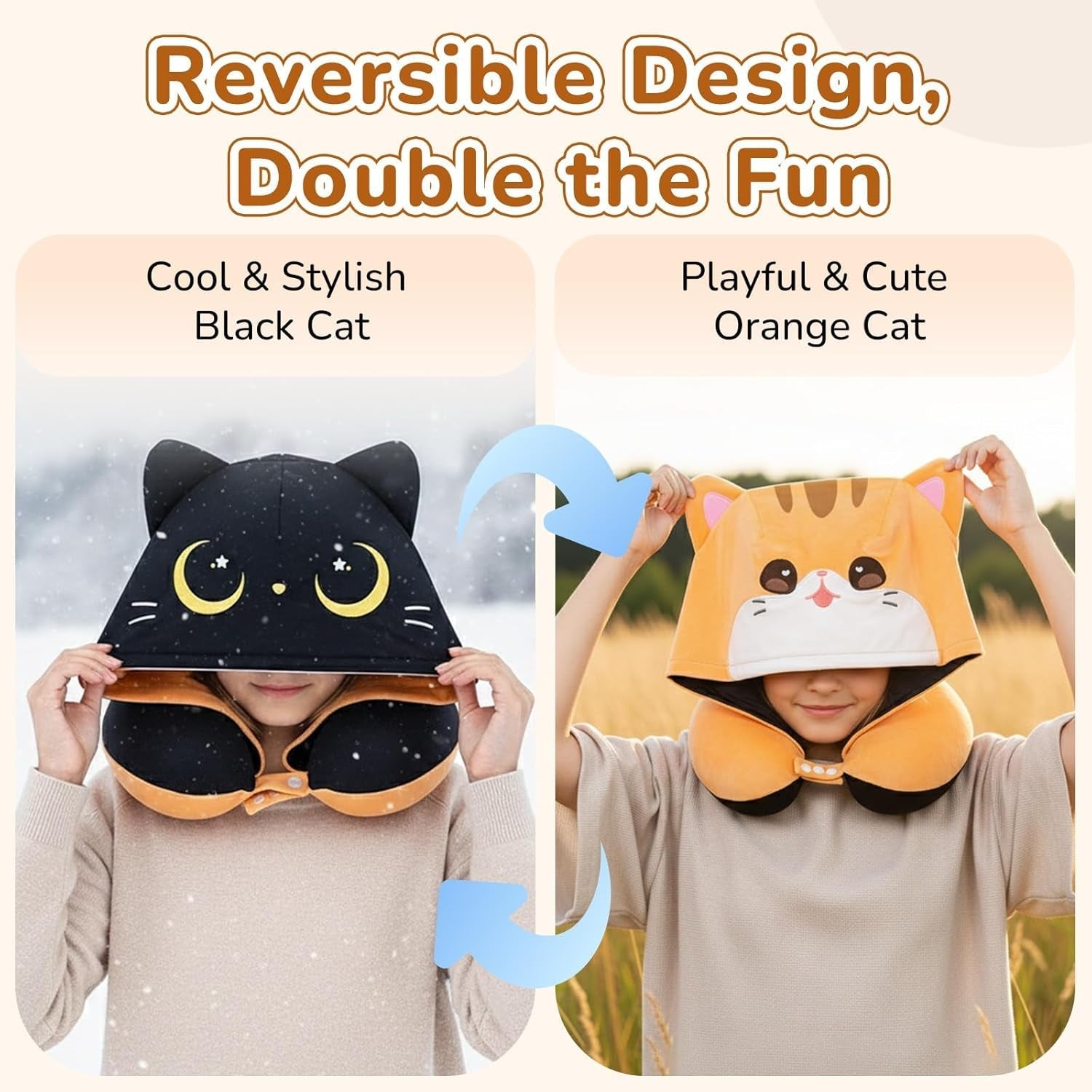 Mewaii Almohada de viaje, almohada de doble cara para adultos, almohada de cuello de espuma viscoelástica para avión, almohada de vuelo reversible con capucha para gato, correa ajustable