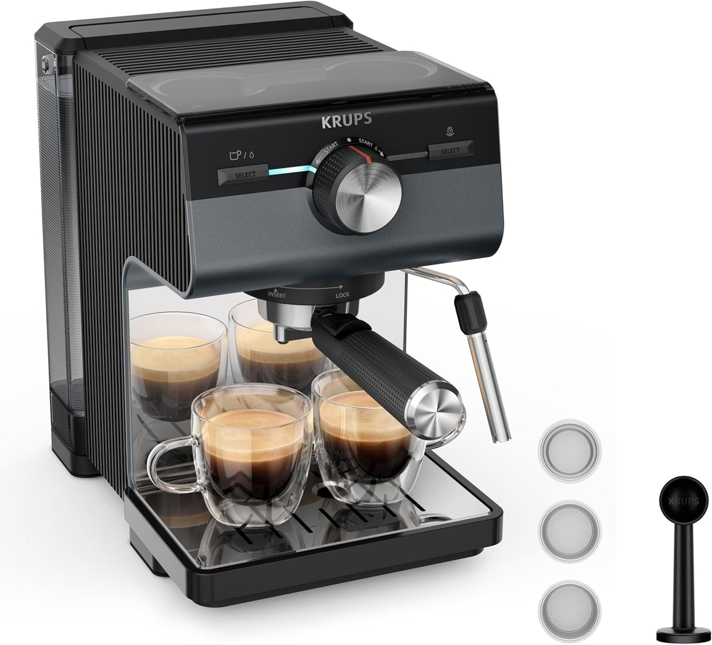 Cafetera espresso KRUPS Authentic+, 15 bar, funcionamiento intuitivo, diseño sofisticado, boquilla de vapor, accesorios ampliados incluidos, Bullet Dark silver/Acero inoxidable, XP384G10