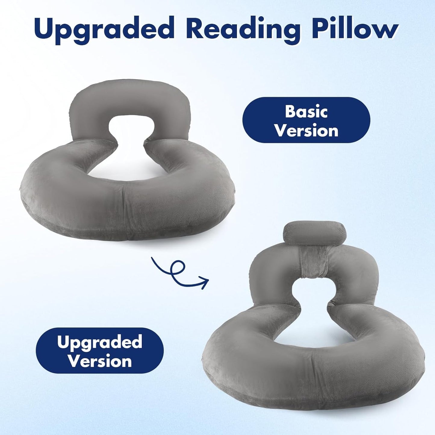 Almohada de lectura, almohada de espalda en forma de U con almohada para el cuello, almohada de juego gris, almohada para leer, jugar, trabajar, descansar