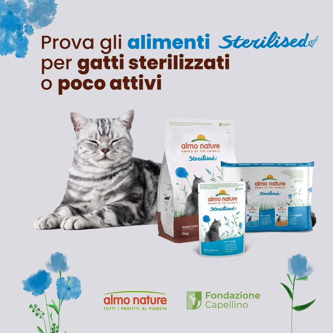 Almo Nature Functional - Esterilizado - Comida húmeda para gatos adultos y senior, esterilizados o menos activos - con bacalao y pollo - Bajo en grasas, hidratante - 70g (paquete de 6)