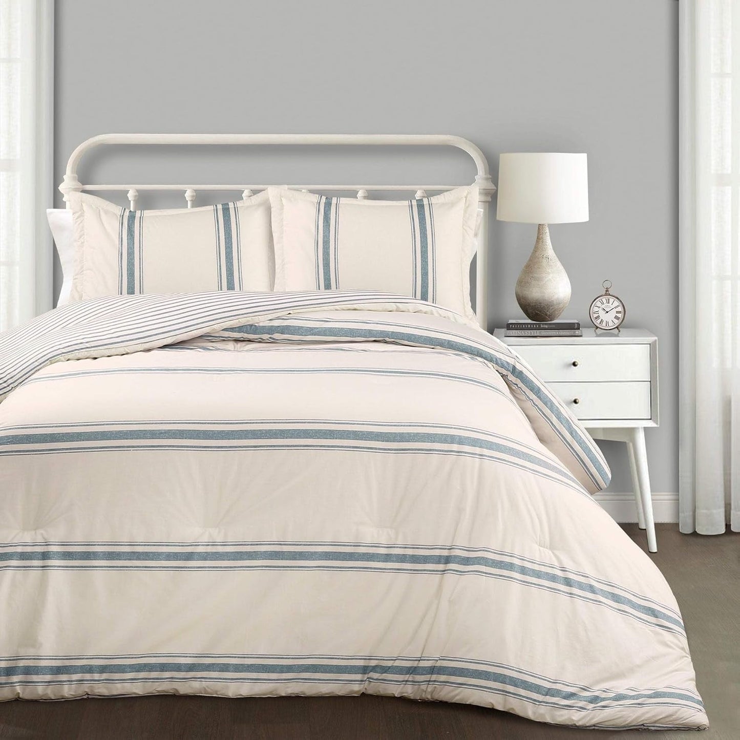 Colcha estilo granja a rayas de Lush Decor, tamaño matrimonial/queen, edredones y edredones grises Naty Shop King Blue