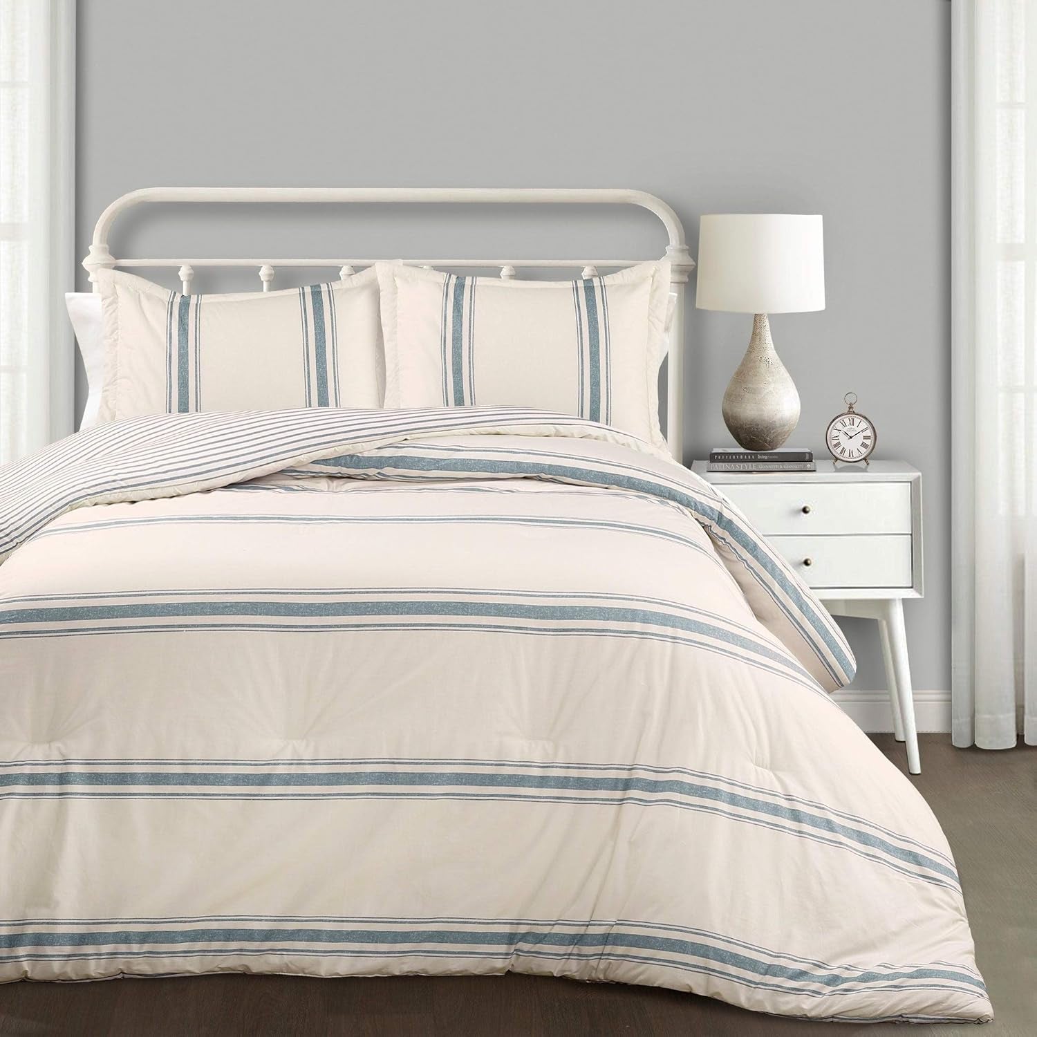Colcha estilo granja a rayas de Lush Decor, tamaño matrimonial/queen, edredones y edredones grises Naty Shop King Blue