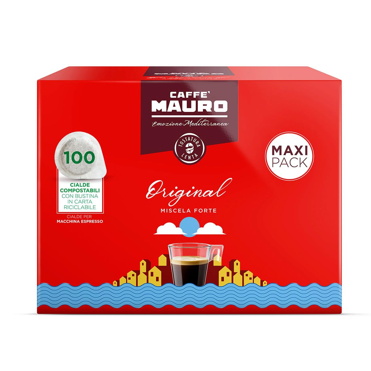 Caffè Mauro Torrefazione Kaffee Kompostierbare Pods, Recyclebare Verpackung, Original Mischung - 100 unidades - Intensidad 10/10 - Compatible con almohadillas de papel ESE System 44 mm