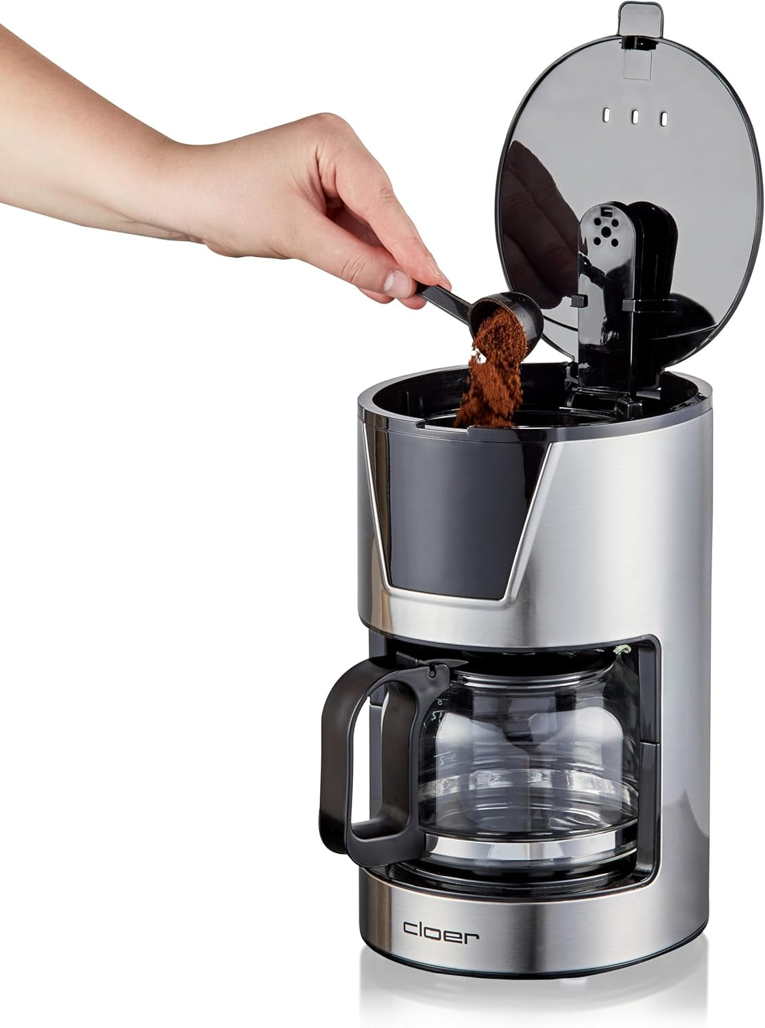 Cloer Cafetera espresso con filtro de 6 tazas, Función suave para mantener caliente, Jarra de vidrio, Cuchara medidora, Indicador de nivel de agua, Sistema antigoteo, Apagado automático, Tamaño del filtro 1x2, 550W, Acero inoxidable