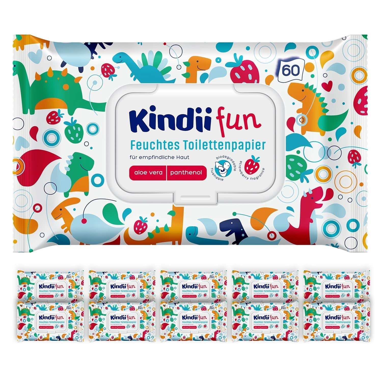 Kindii Fun Papel Higiénico Húmedo - (10X60 piezas) Papel Higiénico Húmedo - Manzanilla, Aloe Vera, Ph-Neutro, Hidrable, Refresca la zona íntima - 600 piezas