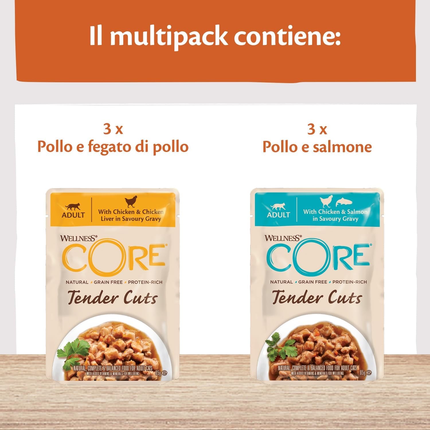 Wellness CORE Tender Cuts 6 x 85g, Mezcla Selección de Pollo - Comida húmeda para gatos, trozos tiernos en salsa, sin cereales, natural, hipoalergénico, rico en proteínas, alto contenido en carne