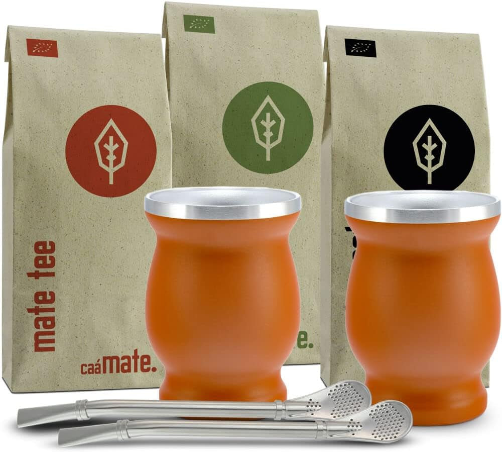 Juego de Té Mate Bio ● 3 Surtidos de Mate + 2 Mates de Acero Inoxidable de Doble Pared + 2 Bombillas + Instrucciones de Preparación (Negro)