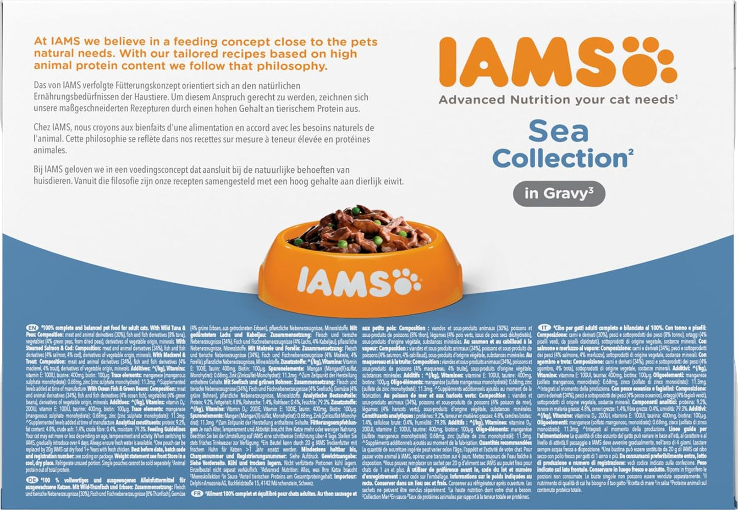 IAMS Delights Sea Collection Katzenfutter Nass - Multipack con pescado clasificado (Lachs, Thunfisch, Caballa, Seefisch) en salsa, Nassfutter para Katzen de 1 año, 12 x 85 g