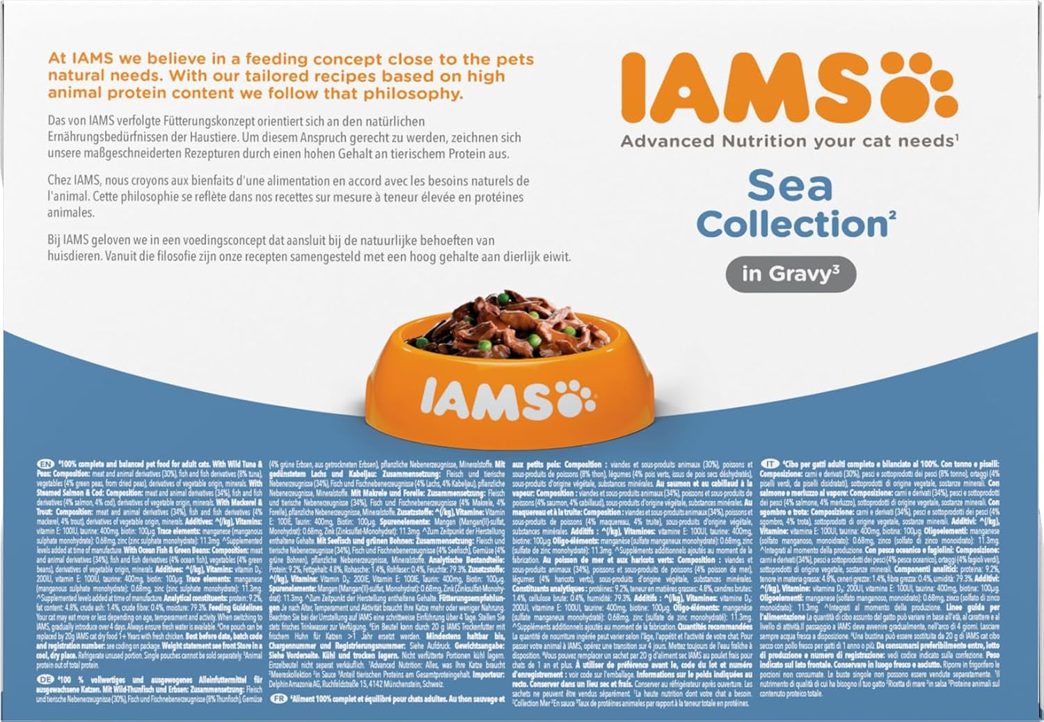 IAMS Delights Sea Collection Katzenfutter Nass - Multipack con pescado clasificado (Lachs, Thunfisch, Caballa, Seefisch) en salsa, Nassfutter para Katzen de 1 año, 12 x 85 g