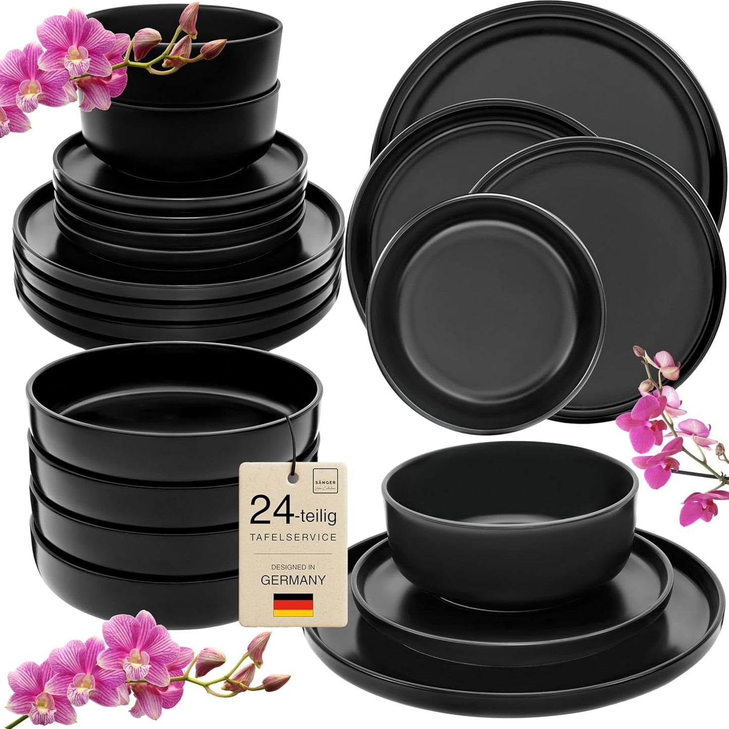 SÄNGER Madeira | Juego de vajilla combinada de 24 piezas, juego de vajilla de gres para 6 personas, 6 platos llanos, 6 platos de desayuno, 6 platos llanos, 6 tazones para pasta, juego de vajilla y tazones, negro mate | LA COLECCIÓN DE VALOR