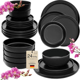SÄNGER Madeira | Juego de vajilla combinada de 24 piezas, juego de vajilla de gres para 6 personas, 6 platos llanos, 6 platos de desayuno, 6 platos llanos, 6 tazones para pasta, juego de vajilla y tazones, negro mate | LA COLECCIÓN DE VALOR