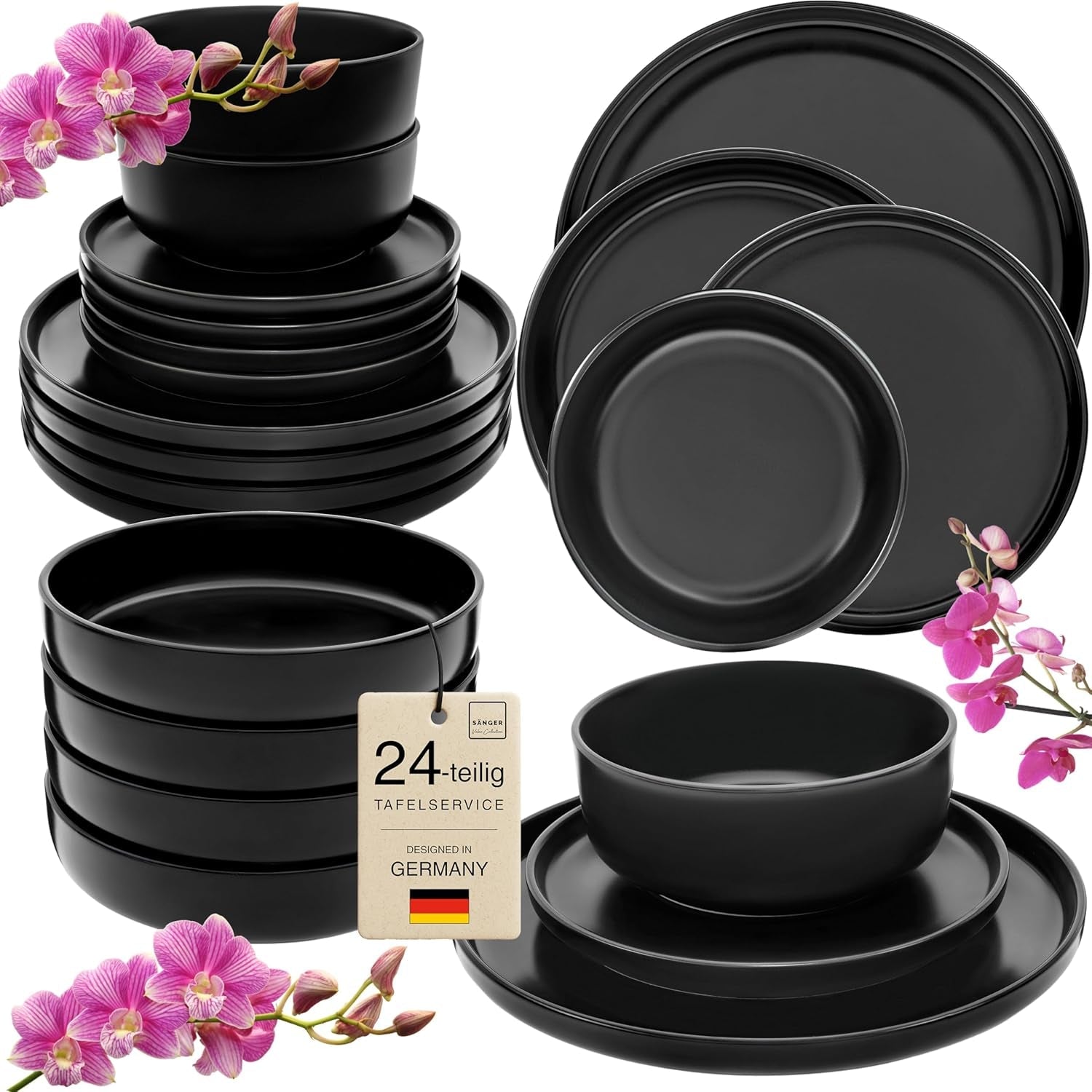 SÄNGER Madeira | Juego de vajilla combinada de 24 piezas, juego de vajilla de gres para 6 personas, 6 platos llanos, 6 platos de desayuno, 6 platos llanos, 6 tazones para pasta, juego de vajilla y tazones, negro mate | LA COLECCIÓN DE VALOR