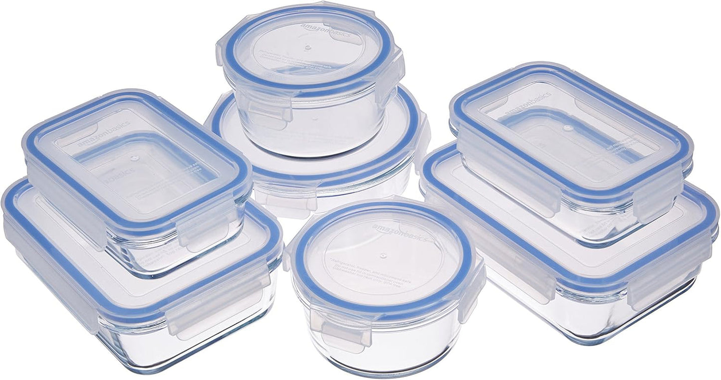 Amazon Basics Recipientes de vidrio para alimentos con tapas, paquete de 20 (10 recipientes + 10 tapas), cajas de almacenamiento de alimentos de color azul transparente sin BPA, paquete de 14 individuales Naty Shop