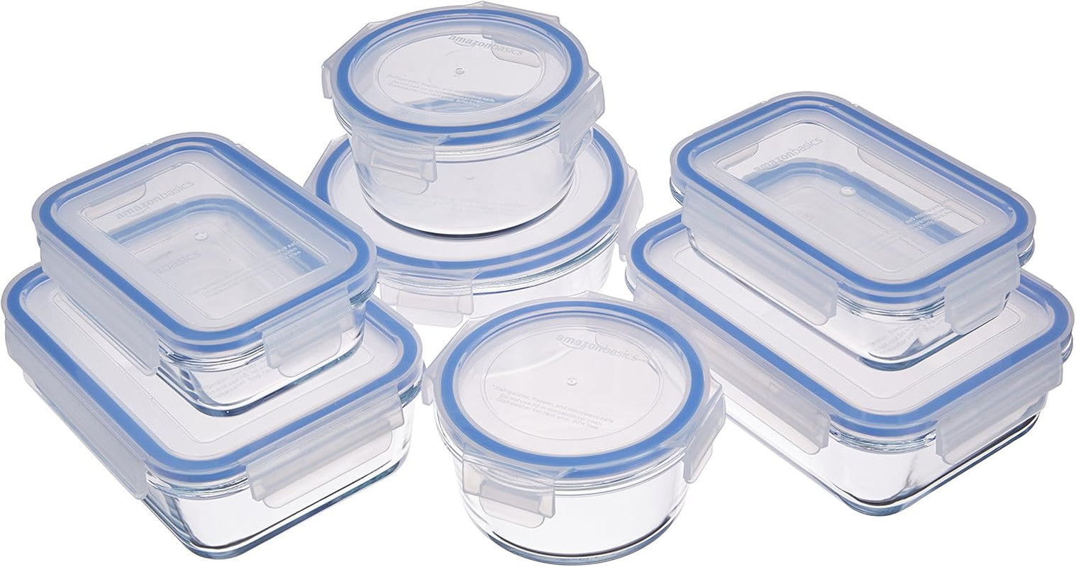 Amazon Basics Recipientes de vidrio para alimentos con tapas, paquete de 20 (10 recipientes + 10 tapas), cajas de almacenamiento de alimentos de color azul transparente sin BPA, paquete de 14 individuales Naty Shop