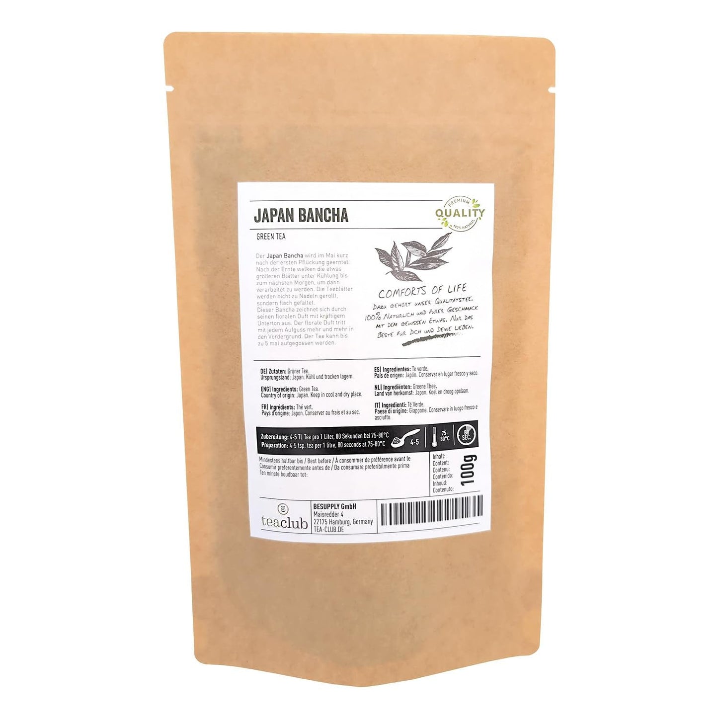 Té verde japonés Bancha suelto 100 g, té verde japonés aromático y delicado, Teaclub Green Tea