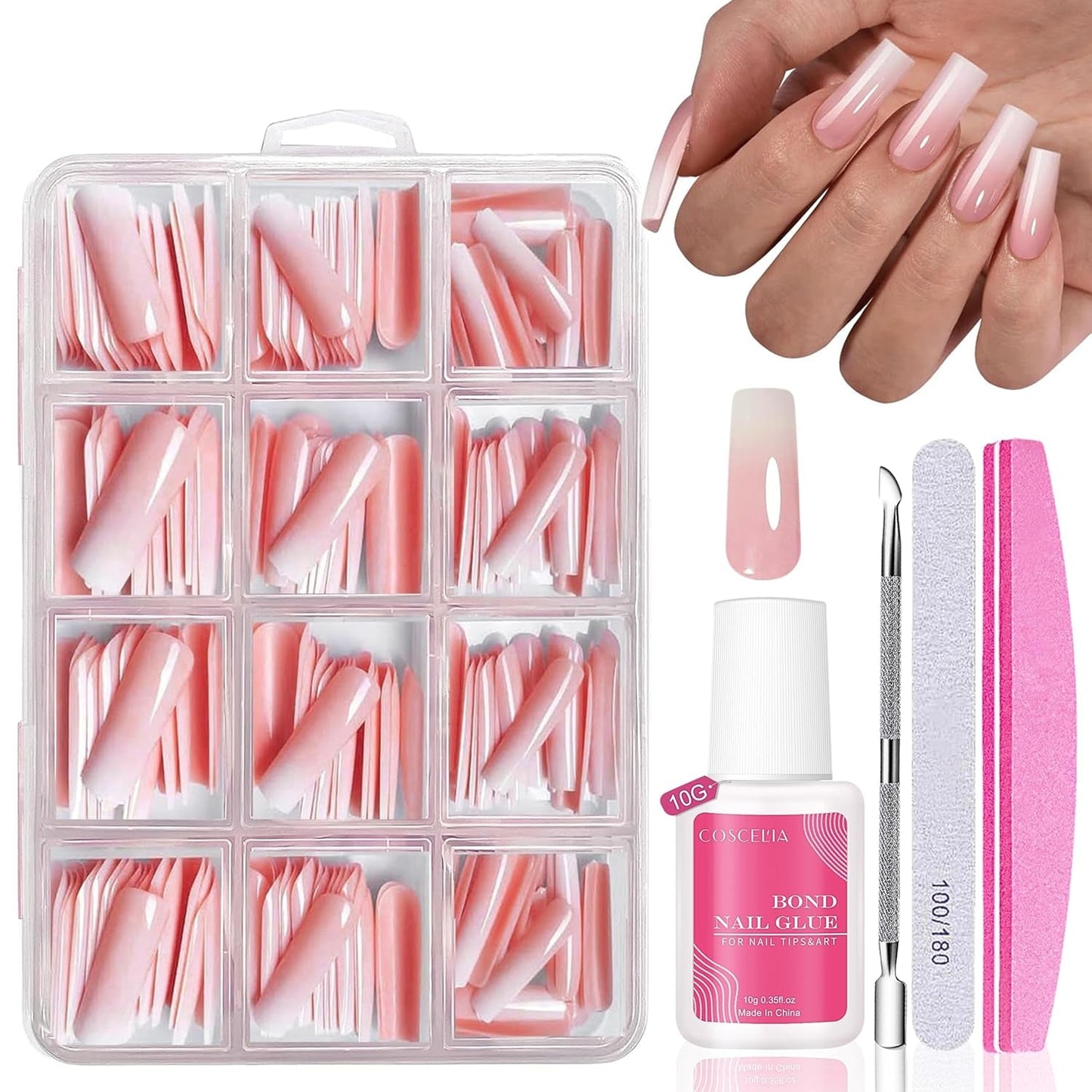 Juego de Uñas Postizas - 240 Piezas Uñas Postizas Francesas Pegamento - Diseño Degradado Blanco Rosa Uñas Artificiales Cubierta Completa Gel Suave Natural y Cómodo de Usar (Almendra Rosa)