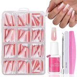 Juego de Uñas Postizas - 240 Piezas Uñas Postizas Francesas Pegamento - Diseño Degradado Blanco Rosa Uñas Artificiales Cubierta Completa Gel Suave Natural y Cómodo de Usar (Almendra Rosa)