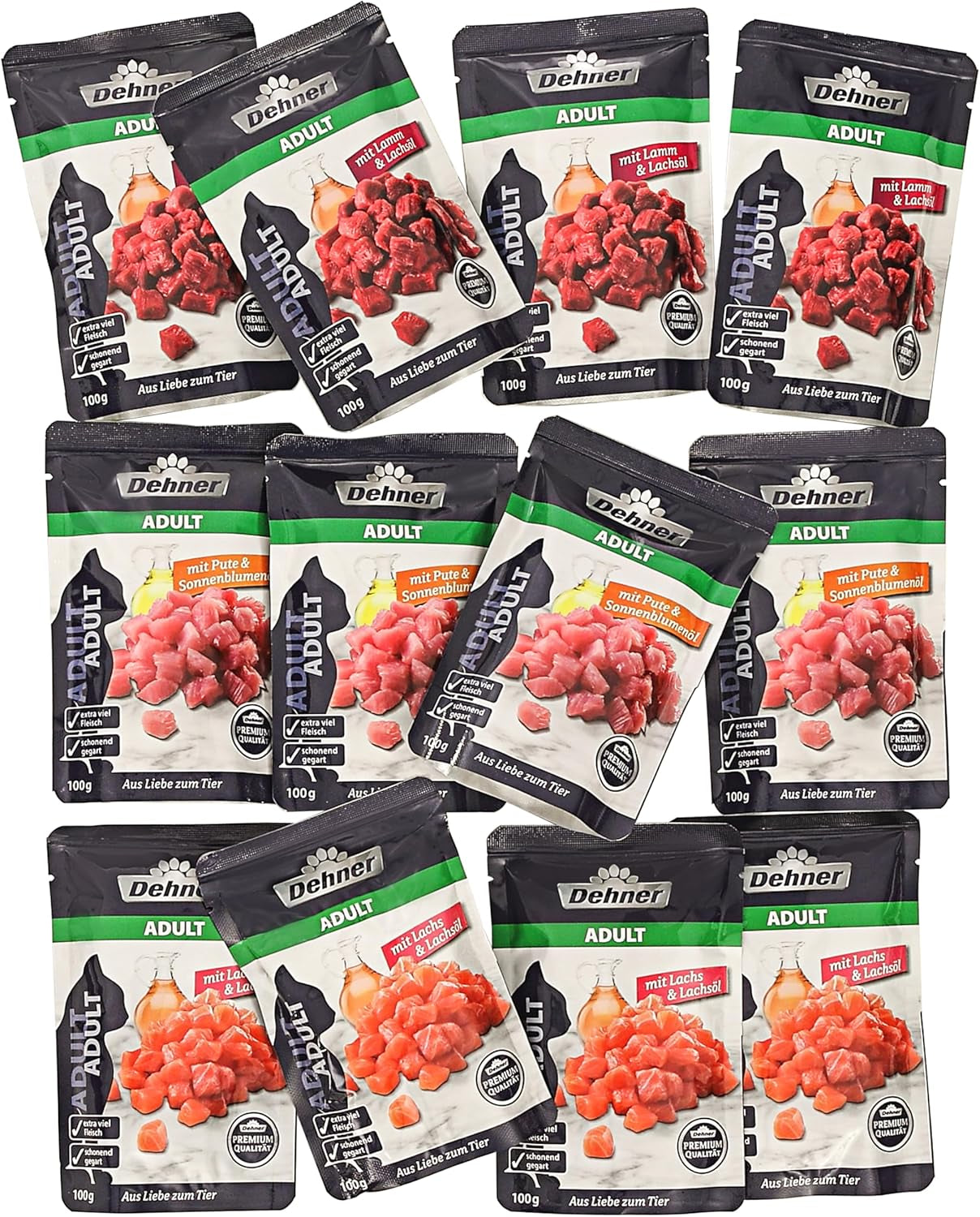 Dehner Premium Comida húmeda para gatos, paquete múltiple, gatos adultos, 4 piezas cada una: cordero/pavo/salmón, 12 bolsas x 100 g (1,2 kg)