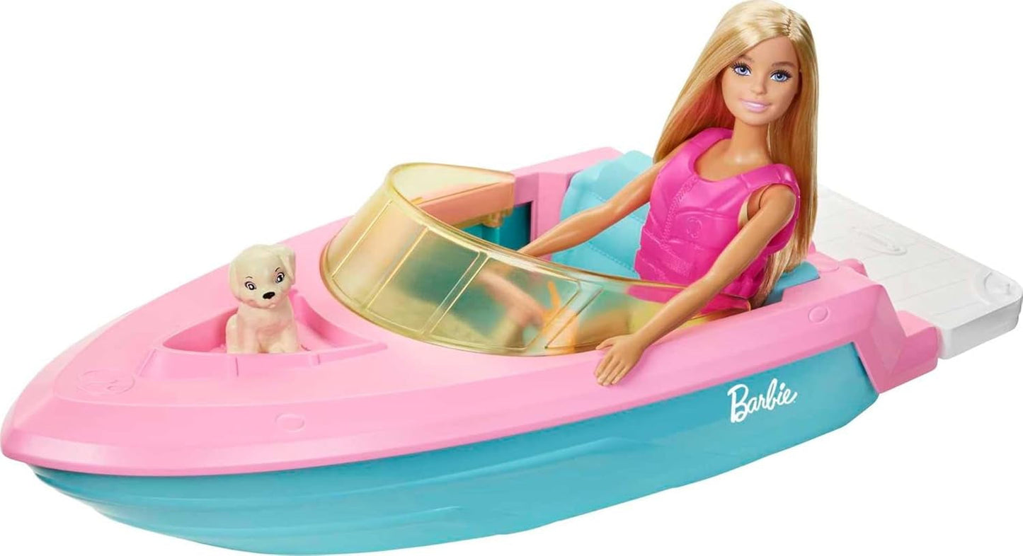 Set Barbie Lancha Rápida, Muñeca Barbie con Pelo Rubio, Chaleco Salvavidas Rosa, Barco, Cachorro, Accesorios, Regalos para 3+, Grg30 Naty Shop Muñecas