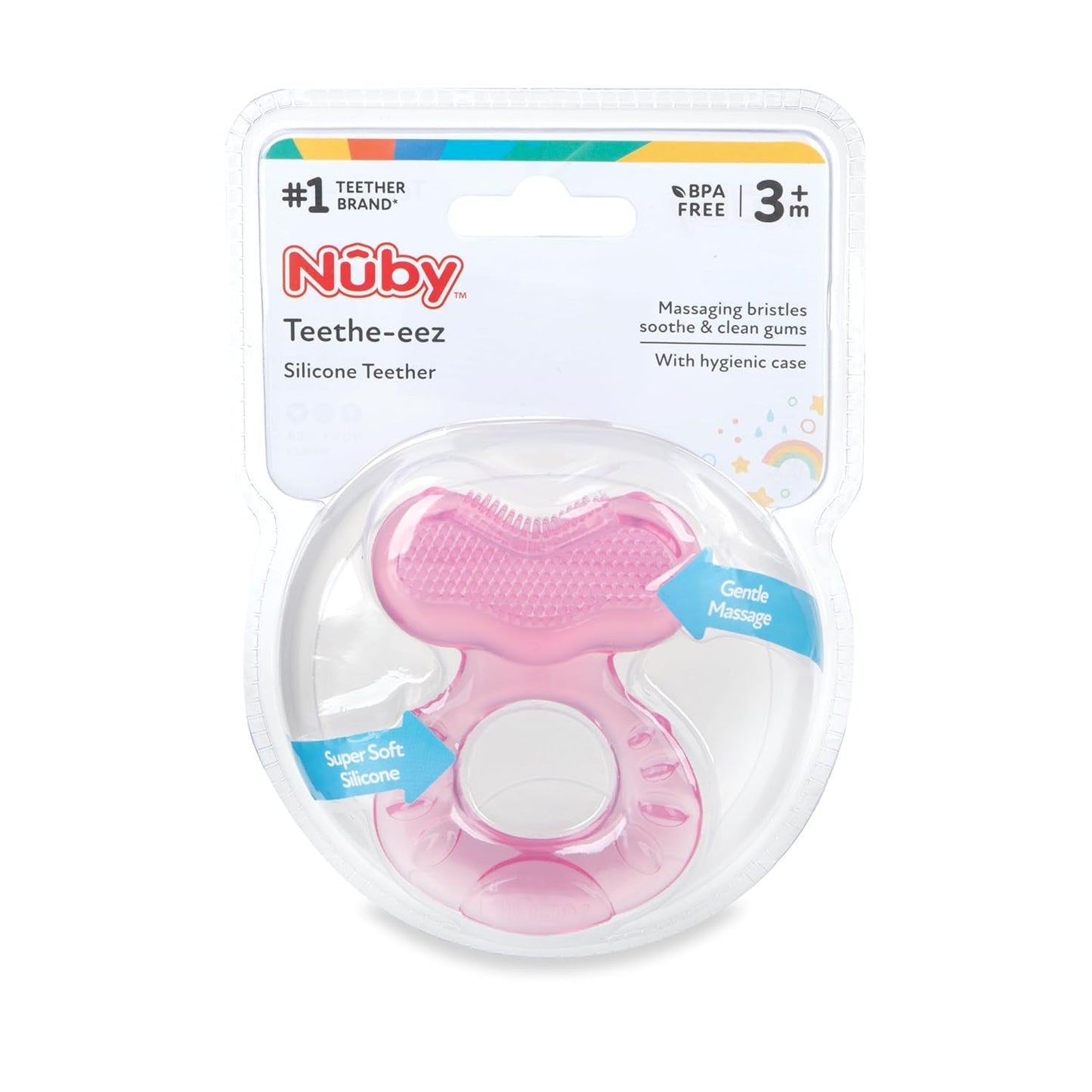 Mordedor de silicona suave Nuby Teethe-eez | Ayuda para la dentición de silicona con superficie texturizada para masajear las encías | Funda higiénica incluida | Rosa | A partir de 3 meses