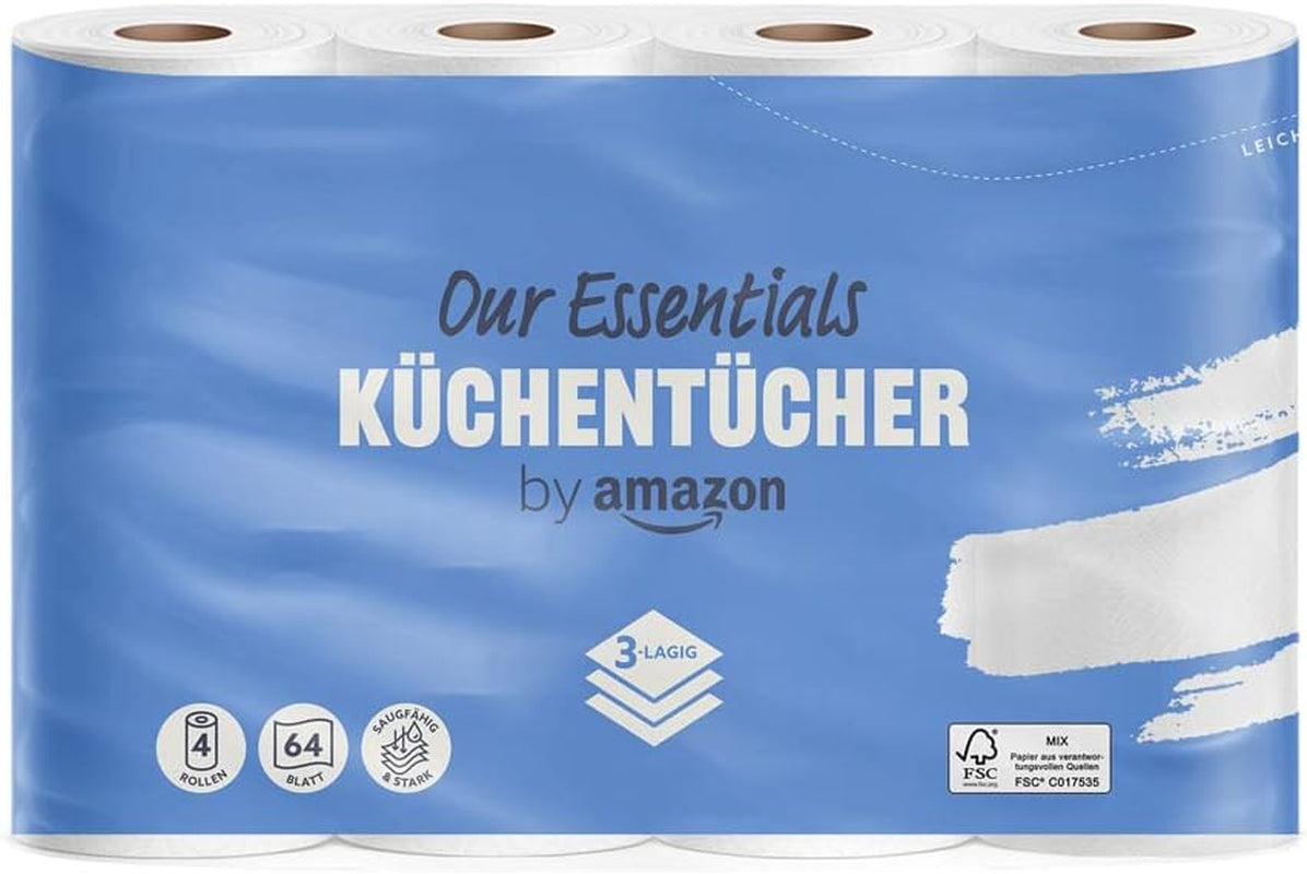 By Amazon Rollo de cocina, 3 capas, 16 rollos (4 rollos, paquete de 4), 64 hojas por rollo, certificado Fsc