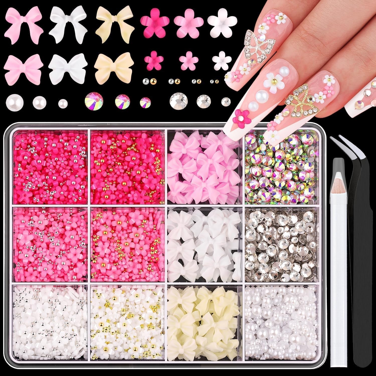 GZMAYUEN 920 Uds. Perlas planas doradas y plateadas para uñas, perlas de uñas color beige medio blanco, perlas pequeñas Halbrunde con parte posterior plana para decoración de uñas DIY