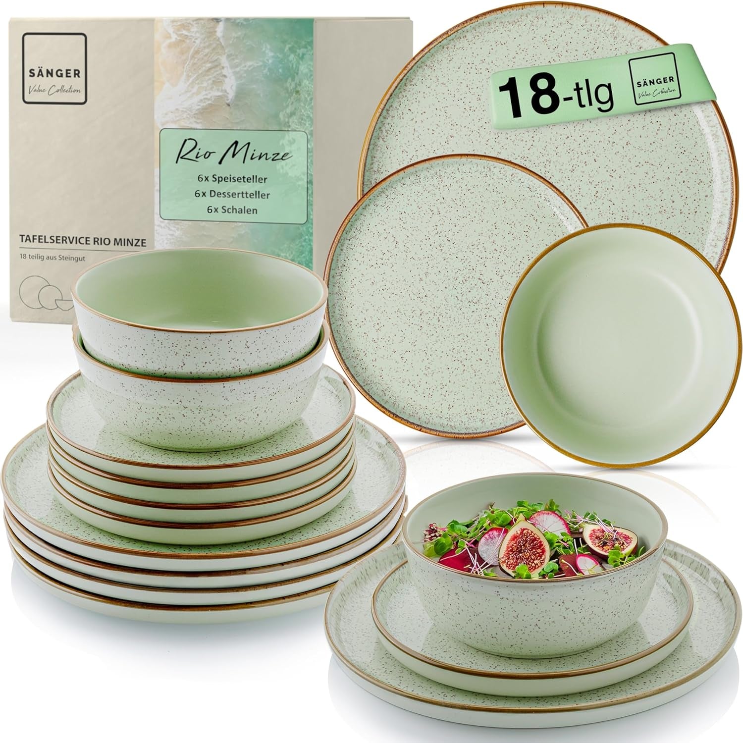 SÄNGER Río Casa de la Moneda | Juego de Vajilla de Gres para 6, 6 Platos, 6 Platos de Postre, 6 Cuencos, Verde Menta | LA COLECCIÓN DE VALOR