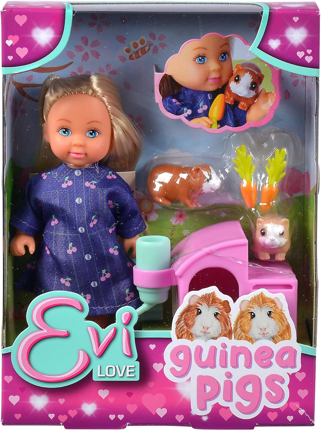 Muñeco Simba Evi Love Guinea Pigs con dos cobayas y casa, botella de agua y zanahorias, 12 cm, a partir de 3 años