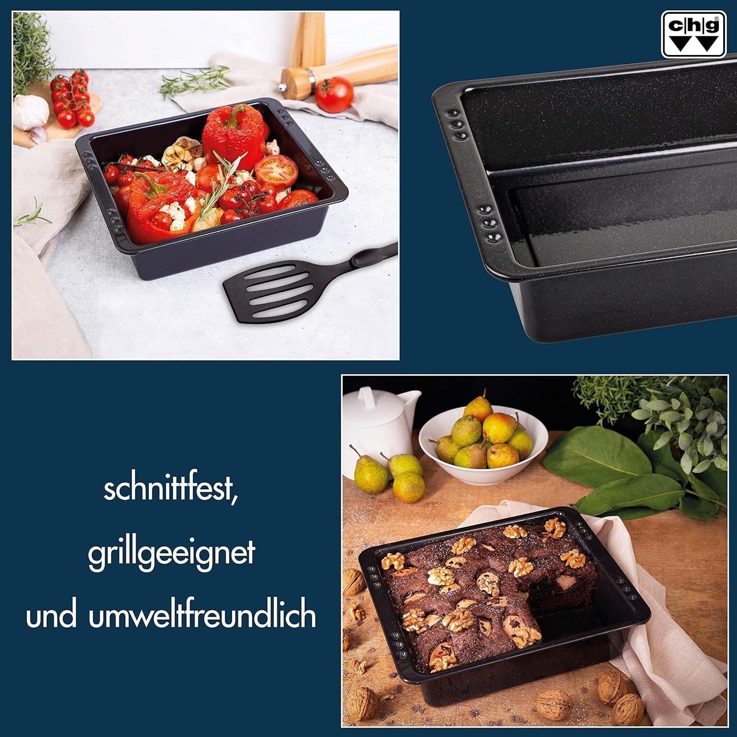 Chg SET 341-46-60 Extra Tiefe Ofenform (7.0 Cm) "Emaille" Mit Profi-Pfannenwender", Schwarz Gesprenkelt Moldes y bandejas para repostería Naty Shop
