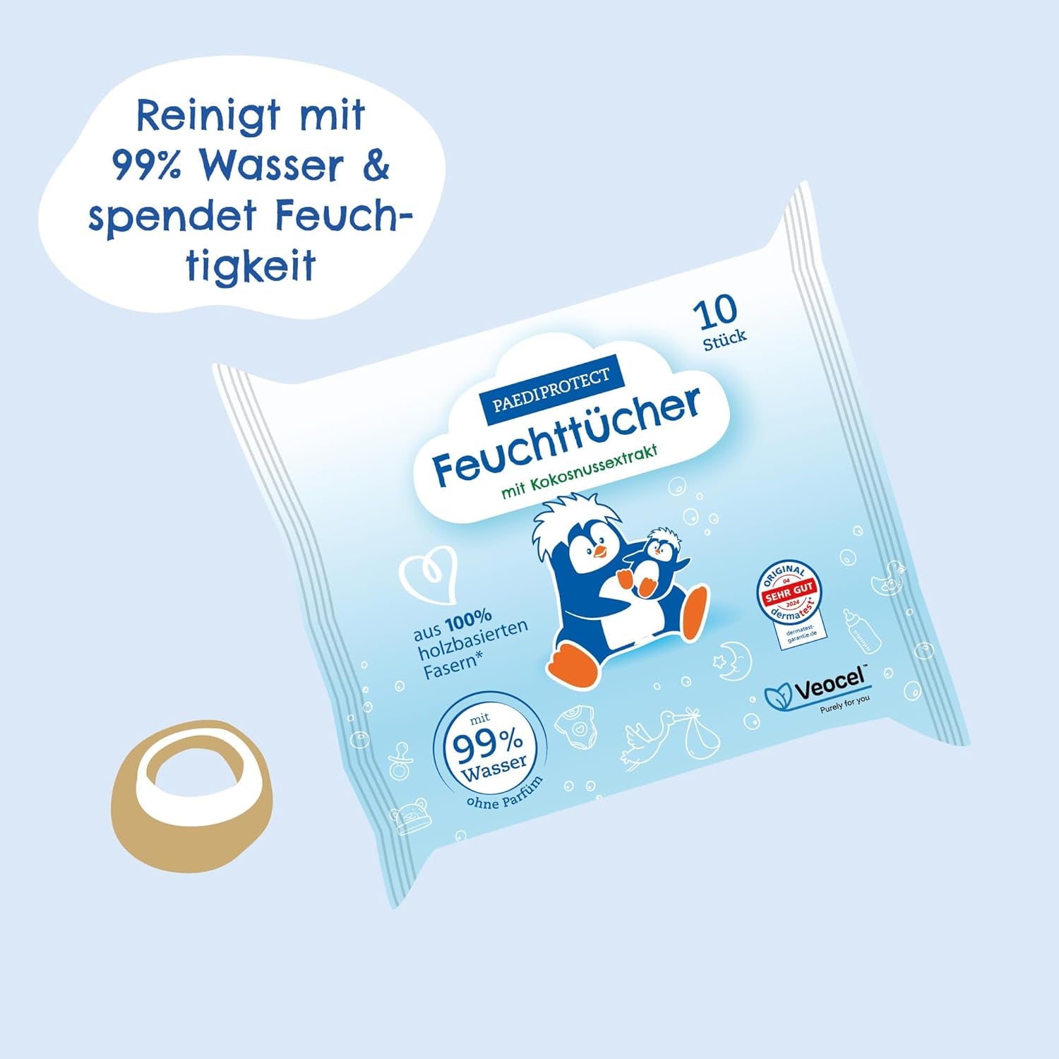 PAEDIPROTECT Toallitas húmedas para bebés 1 x 10 piezas Toallitas húmedas sensibles al agua para bebés 99% de agua Sin fragancia Bebés y niños Piel delicada Extracto de coco Sin microplásticos Vegano (paquete de 5)