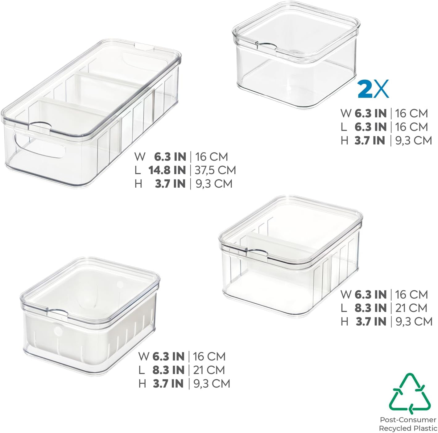 iDesign Cajas de almacenaje para frigorífico, organizador con tapa en juego de 5, cajas de plástico reciclado para organizar consumibles, cajas de almacenaje para alimentos transparentes y blancas Naty Shop
