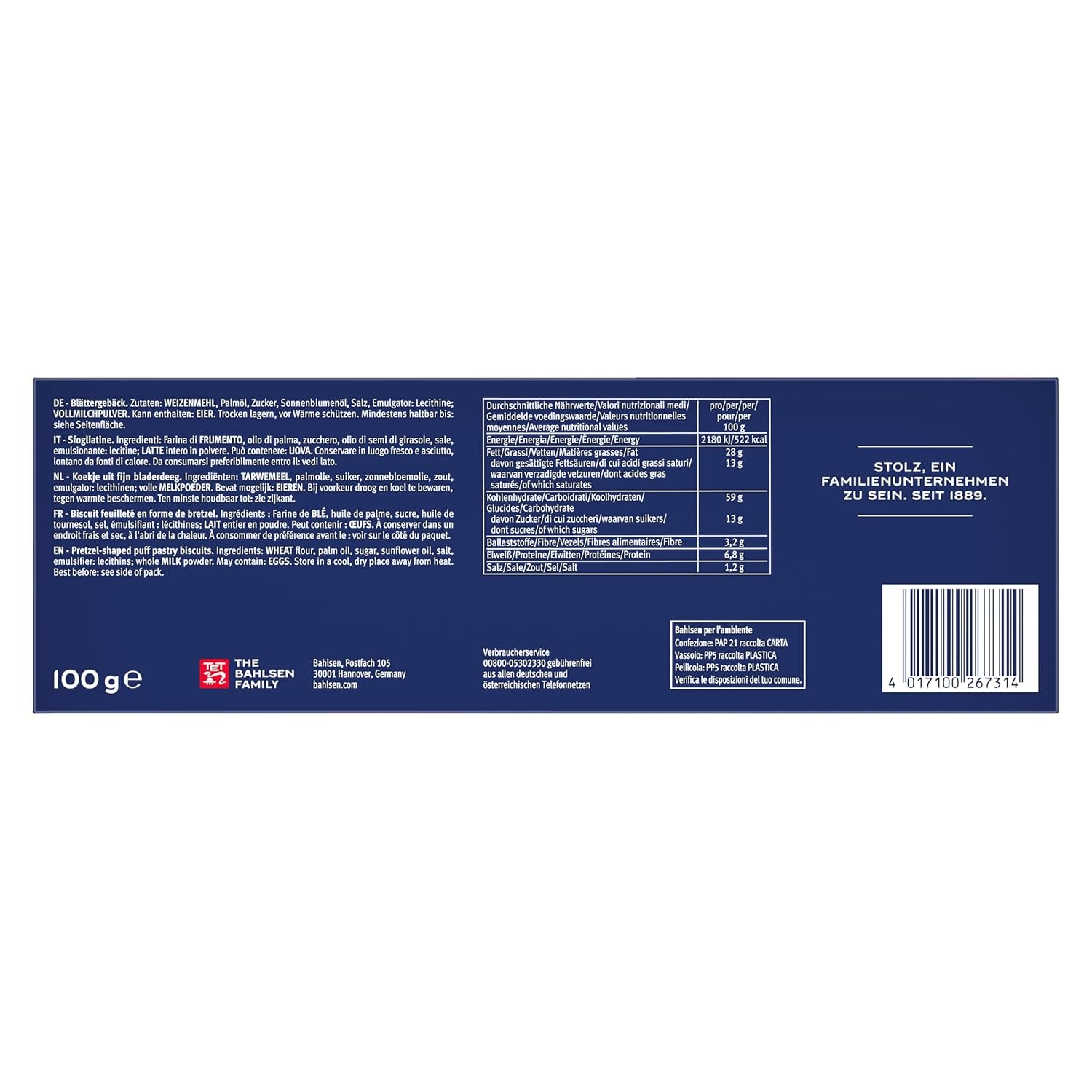 Hojaldre Bahlsen - Pack de 12 - Hojaldre caramelizado en forma de pretzel (12 x 100g)