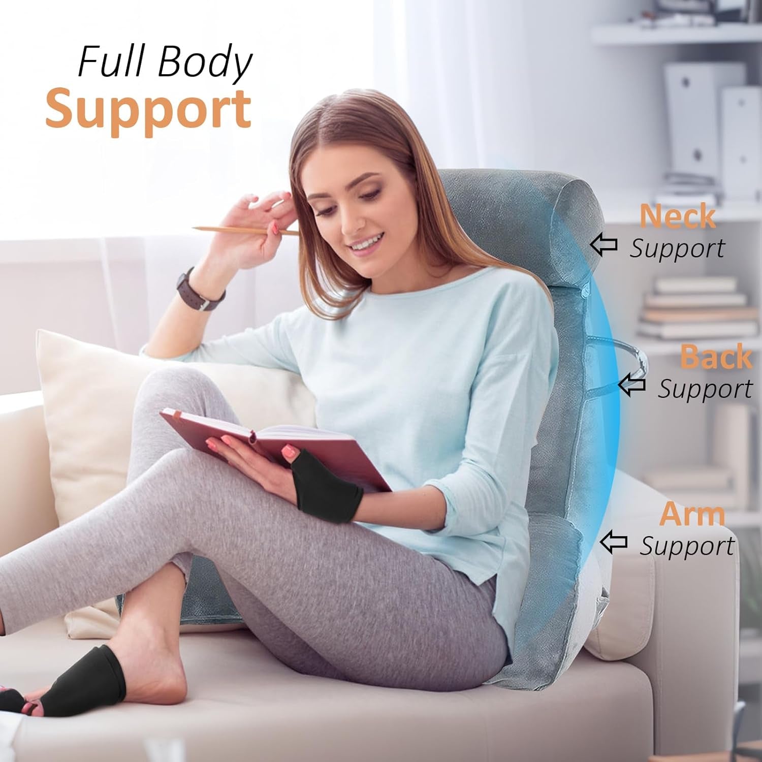 Almohada de lectura XL para cama y sofá con rollo para el cuello desmontable, almohada de espalda ideal para adultos con espuma viscoelástica para leer cómodamente, trabajar, jugar, mirar televisión, relajarse (gris)