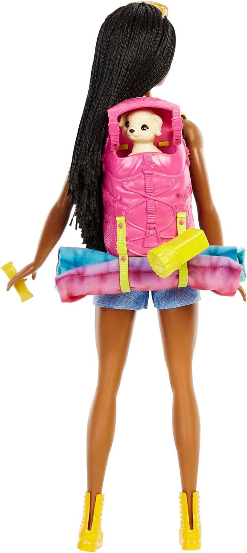 ¡Muñeca Barbie HDF74 en paquete doble! Muñeca Brooklyn Camping (Morena con coletas trenzadas, aprox. 29 cm) con cachorro, mochila, saco de dormir, 10 accesorios de camping, regalo para niños a partir de 3 años