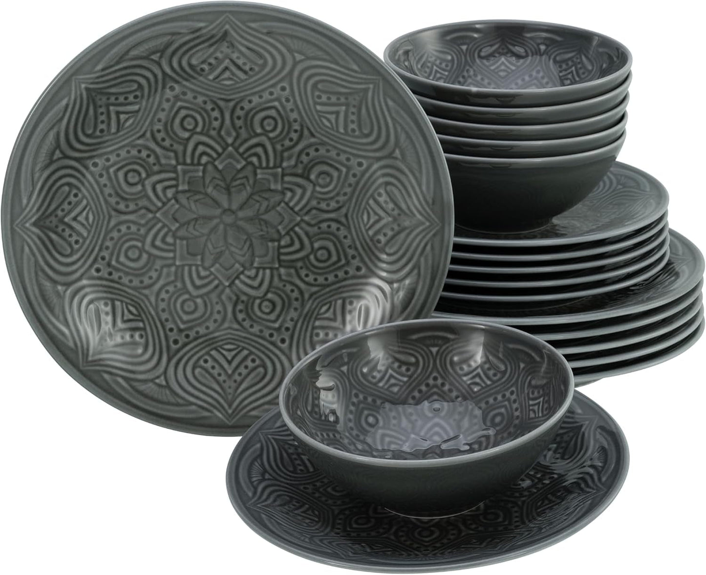 CreaTable, 21627, Serie Orient Mandala, Vajilla de 18 Piezas, Juego de Platos de Porcelana, Apto para Lavavajillas y Microondas, Fabricado en Europa