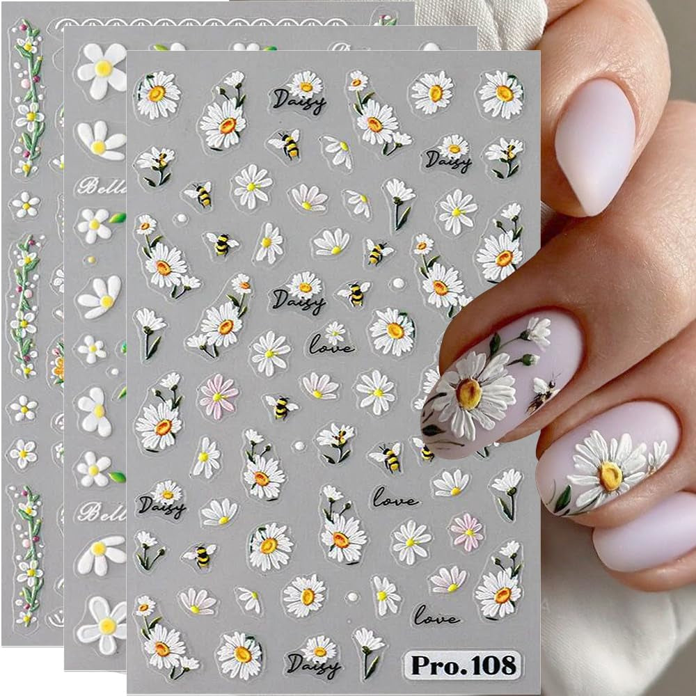 5 uds Geprägte Gänseblümchen Nagelsticker Selbstklebend Blumen Nagelaufkleber Gänseblümchen Schmetterling Nagel Sticker Nageldesign Aufkleber Nägel Zubehör Blume Nail Sticker Flower Nail Art Stickers